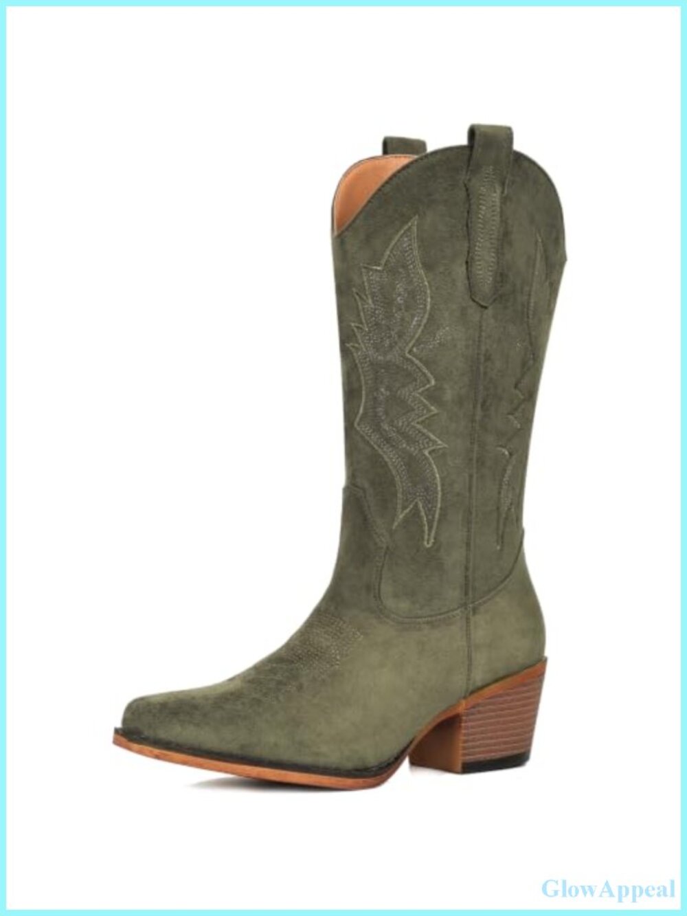 Suede Cowboy Boots Mid Calf Western Faux Suede Pointed Toe Block Heel Zip